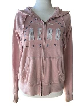Aéropostale Women's Light Pink Full-Zip Hoodie Aero 1987 Graphic Logo - Size M